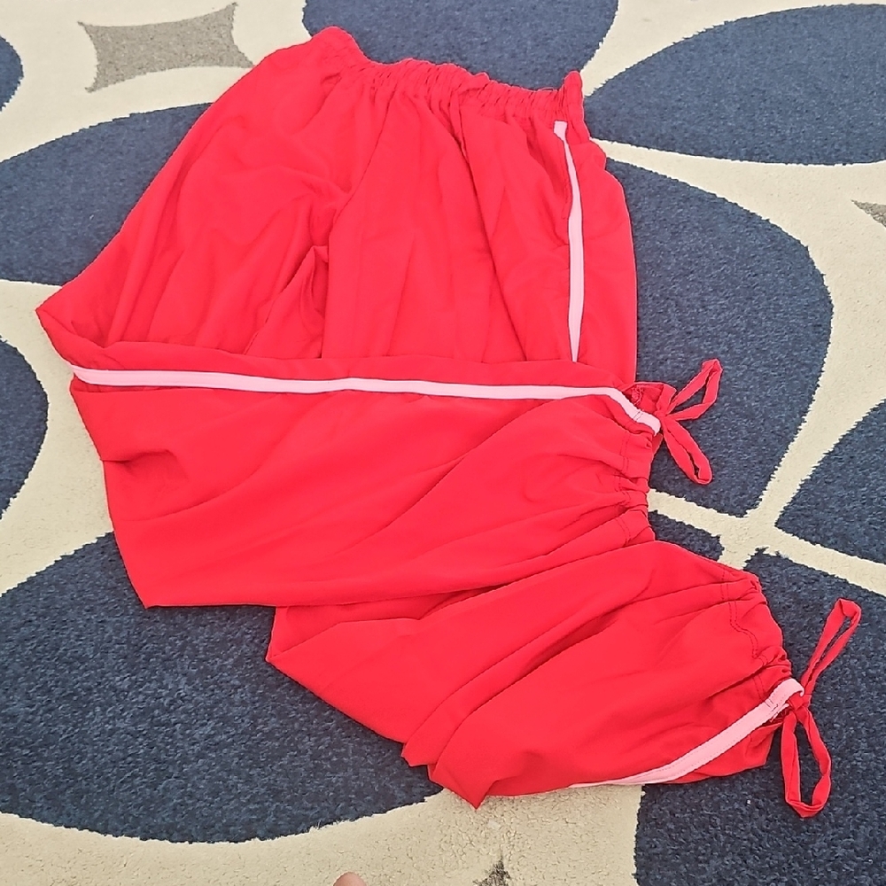 Red Track Pants with Pink Stripe